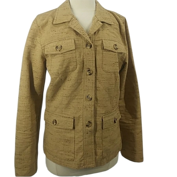 CAbi Nubby Tan Utility Jacket with Collared Neckline and Structured Fit Sz 10 - Picture 6 of 7